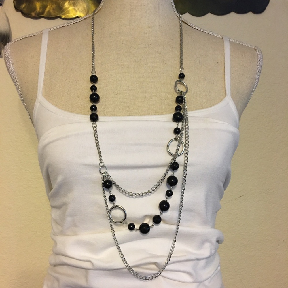 Black pearl beads on long layered silver chain